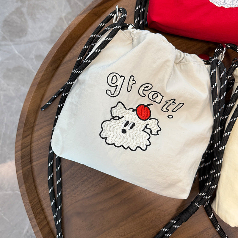 Cute Embroidered Drawstring Bag with Adorable Dog Design, Fashionable Nylon Crossbody Bag for Daily Use