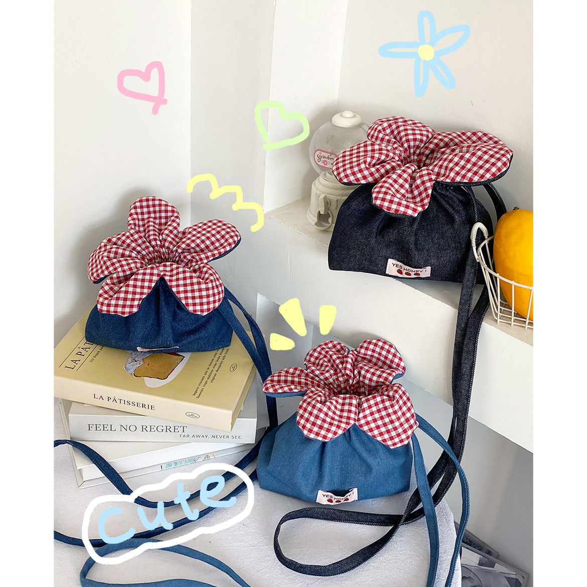 Cute Denim Flower Drawstring Crossbody Bag with Gingham Bloom, Korean Style Casual Phone Pouch for Daily Outings