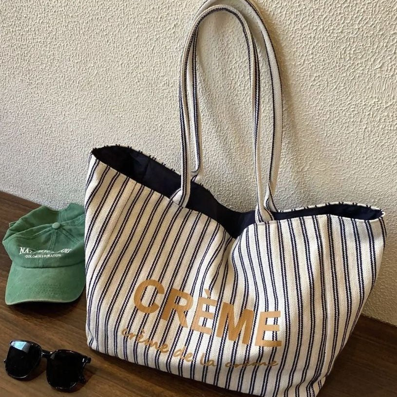 Stylish Striped Tote Bag 2025 Spring Fashion Canvas Shoulder Bag with Gold Lettering and Spacious Design for Daily Use