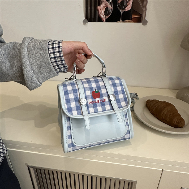 Cute Checkered Backpack with Apple Logo for Students and Daily Use, Fashionable Crossbody Bag with Lightweight Design