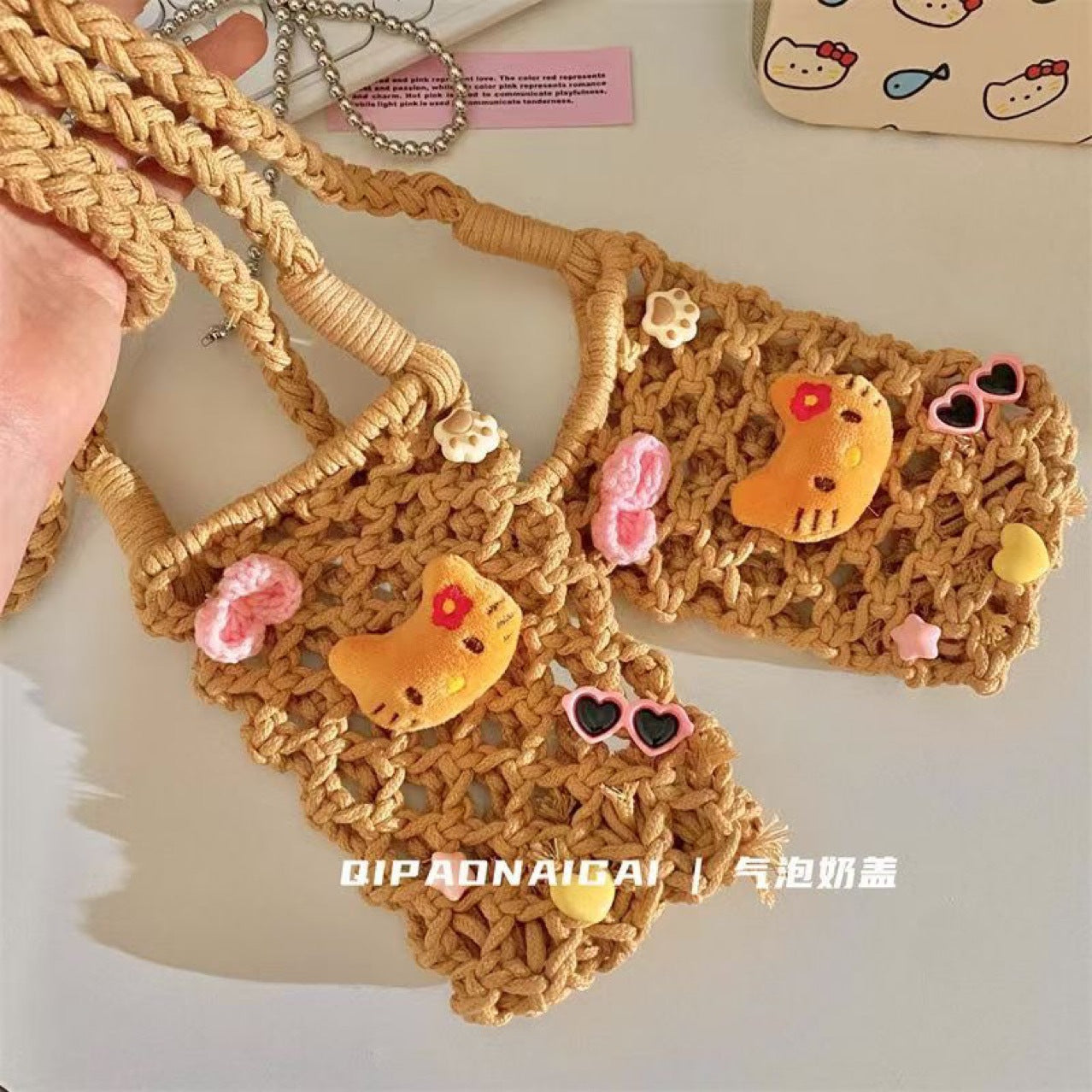 Cute Hawaiian Style Handmade Knitted Messenger Bag Playful Daily Vacation Versatile Mini Phone Bag