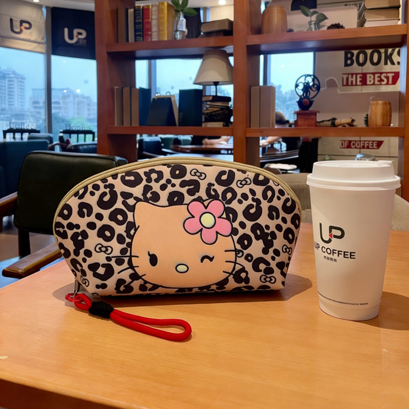 Leopard Print Cartoon Cat Cosmetic Bag with Rope Handle, Large Capacity Waterproof Makeup Pouch for Women