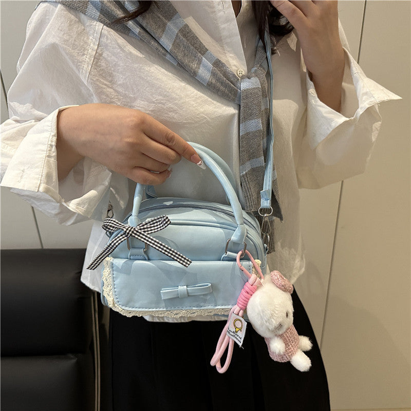 2025 Trendy Minimalist Bow Handbag for Women, Fashionable Crossbody Bag with Cute Plush Charm, Elegant Bowling Shape Design
