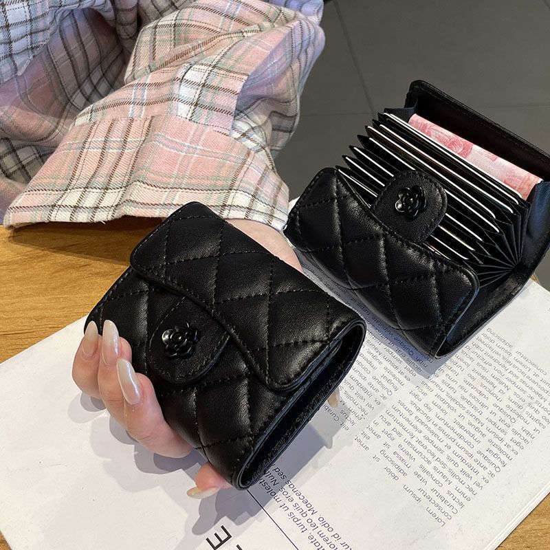 Camellia Rhombus Card Holder Female Multiple Card Slots Organ Card Holder Large Capacity Bank Card Package Document Package