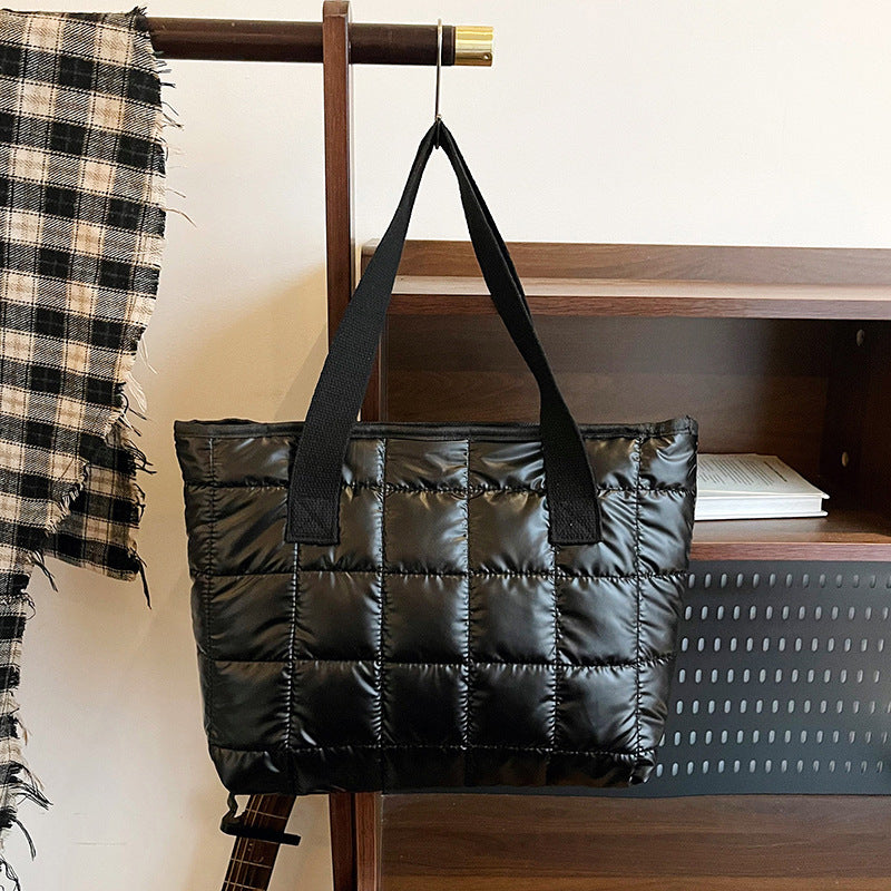 Underarm Bag Women's New Checkered Stitching Handbag Space Cotton Large Capacity down Jacket Tote Bag