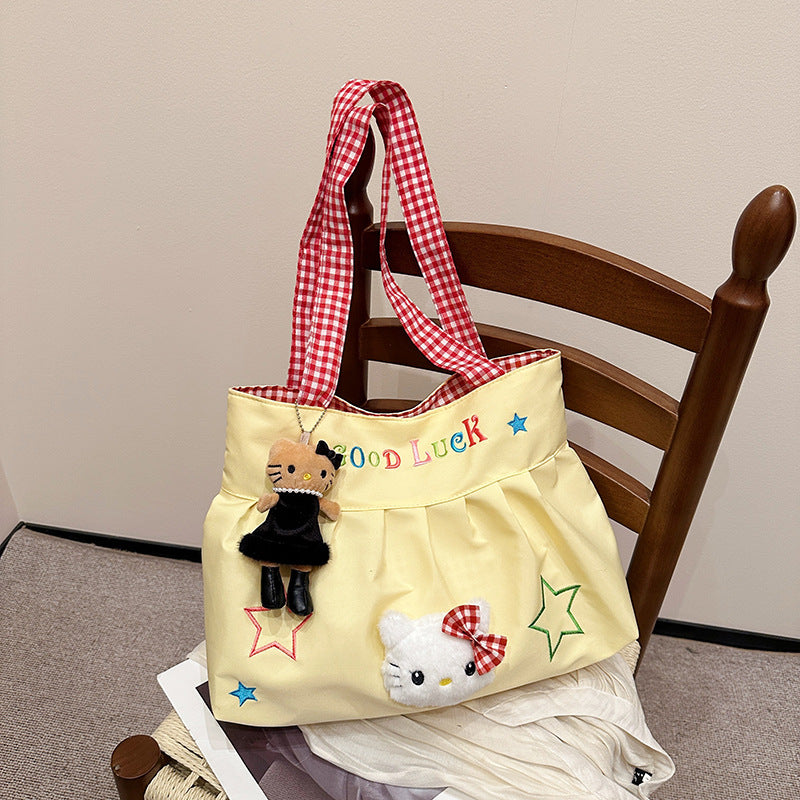 Cute Korean Style Versatile Kitty Pleated Handbag Women's New Large Capacity Commuter out Shoulder Bag