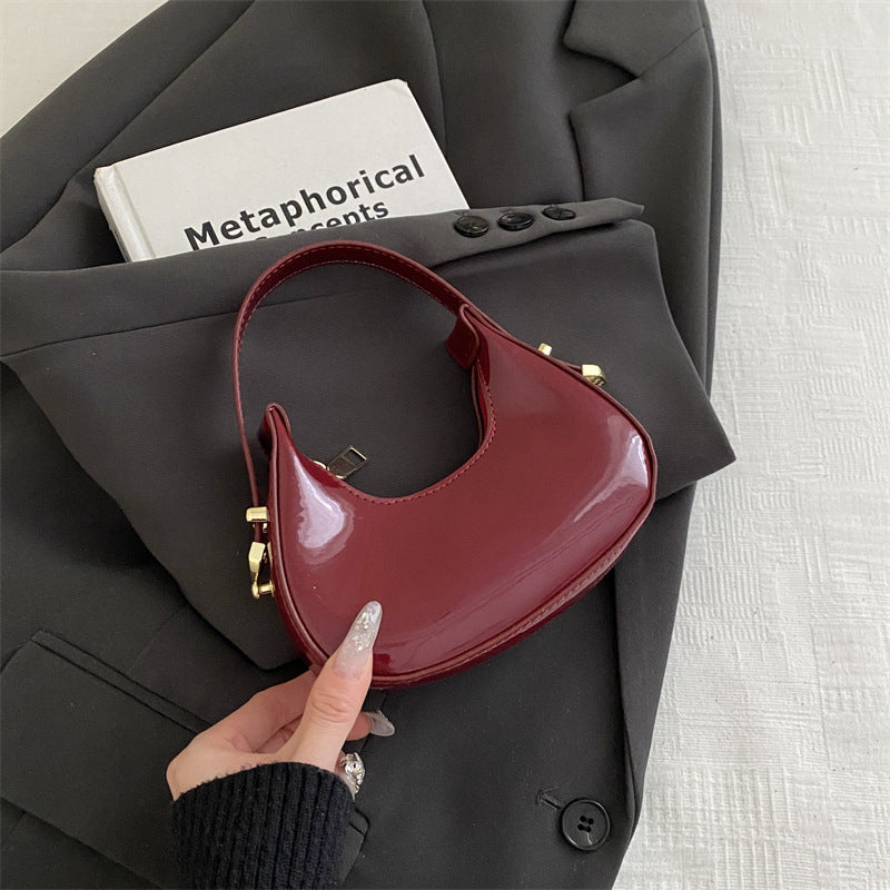 Elegant French-Style Moon Bag with Glossy PU Finish, Fashionable Handheld Design for Daily Chic