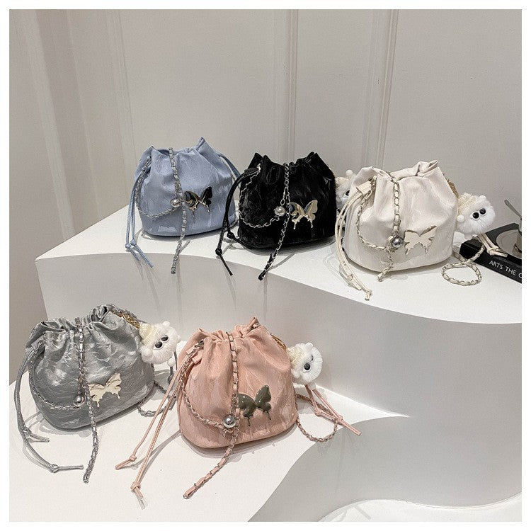 Fashionable Drawstring Bucket Bag with Chain Strap and Cute Pom-Pom Charm for Women