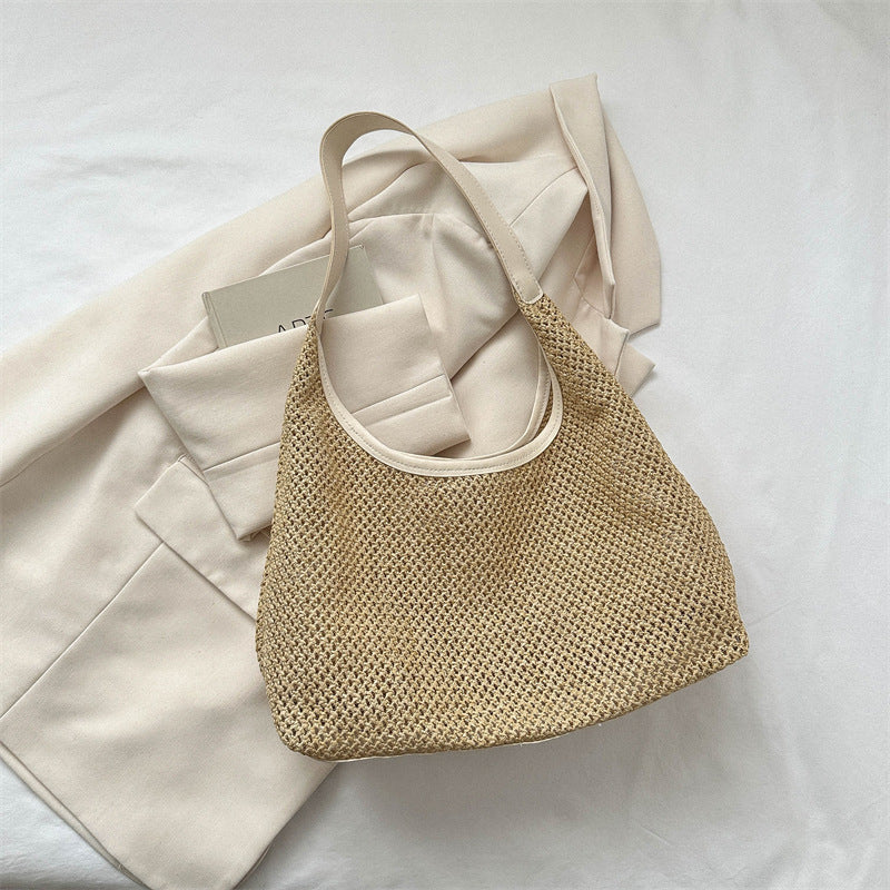 Korean Vintage Weave Tote Bag Women's Straw Large Capacity Underarm Shoulder Beach Bag
