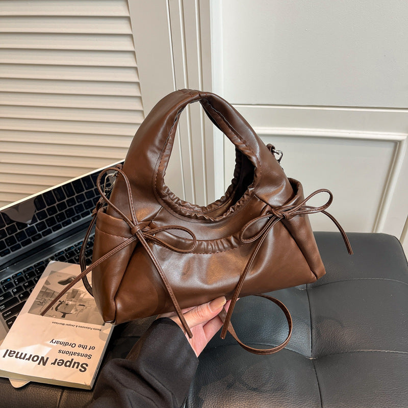 Korean Fashion Women's Mini Moon Bag with Bow Detail, Soft PU Crossbody Shoulder Bag for Daily Street Style