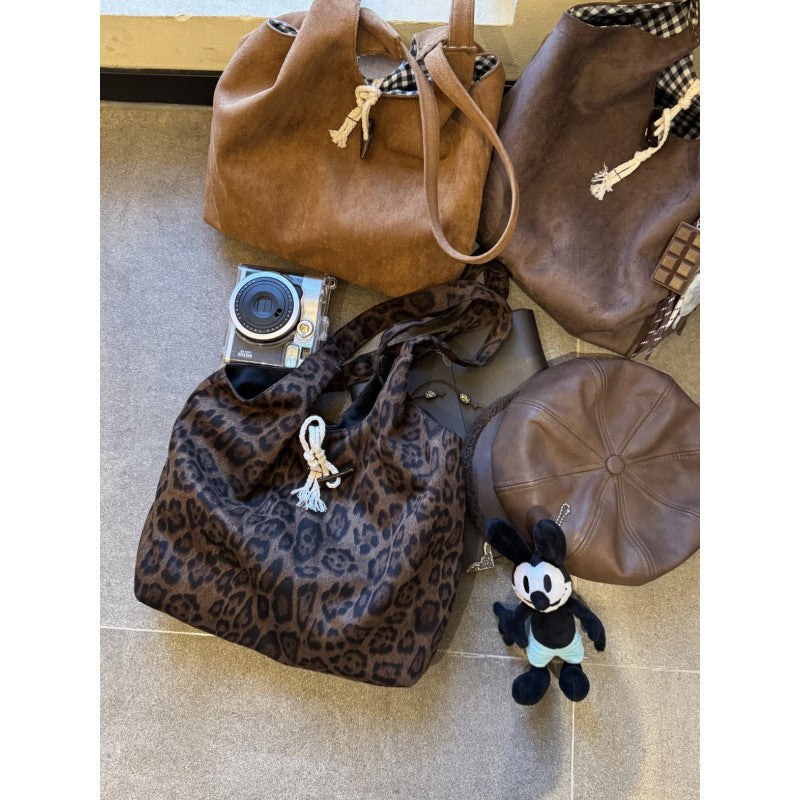 New Retro Trendy Underarm Shoulder Bag Female Brown Suede Fashion Leopard Print Large Capacity Totes
