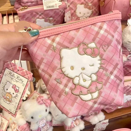 Retro Plaid Kitty Storage Bag Women's Portable Outing Small Embroidery Cute Student Cosmetic Bag