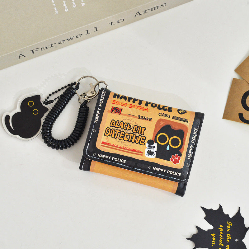 Cute Cartoon Foldable Wallet with Black Cat Detective Design, Multi-Card Slots and Chain Pendant for Women and Students