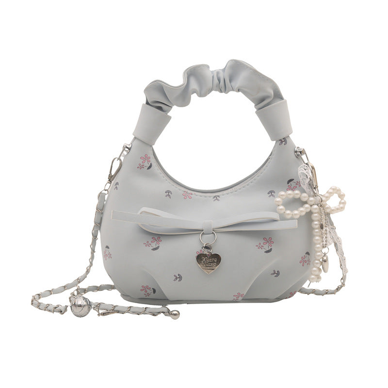 Korean Fashion Pleated Floral Print Crossbody Bag with Pearl Heart Charm for Women