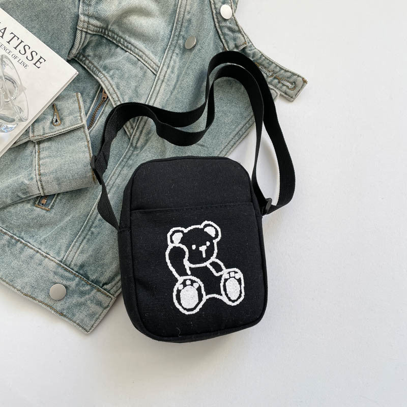 Cute Bear Embroidery Canvas Bag Women's New Shoulder Messenger Bag Versatile Student Phone Bag