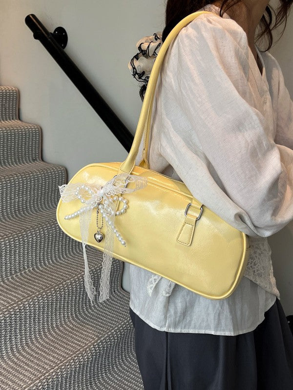 Elegant Pearl Lace Decorated PU Tote Bag with Large Capacity and Zipper Closure for Daily Use