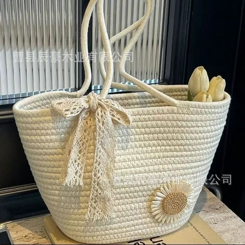 Women's Shoulder Bag Handmade Cotton String Woven Tote Bag Flower Decoration Large Capacity Commuter Travel Beach Handbag