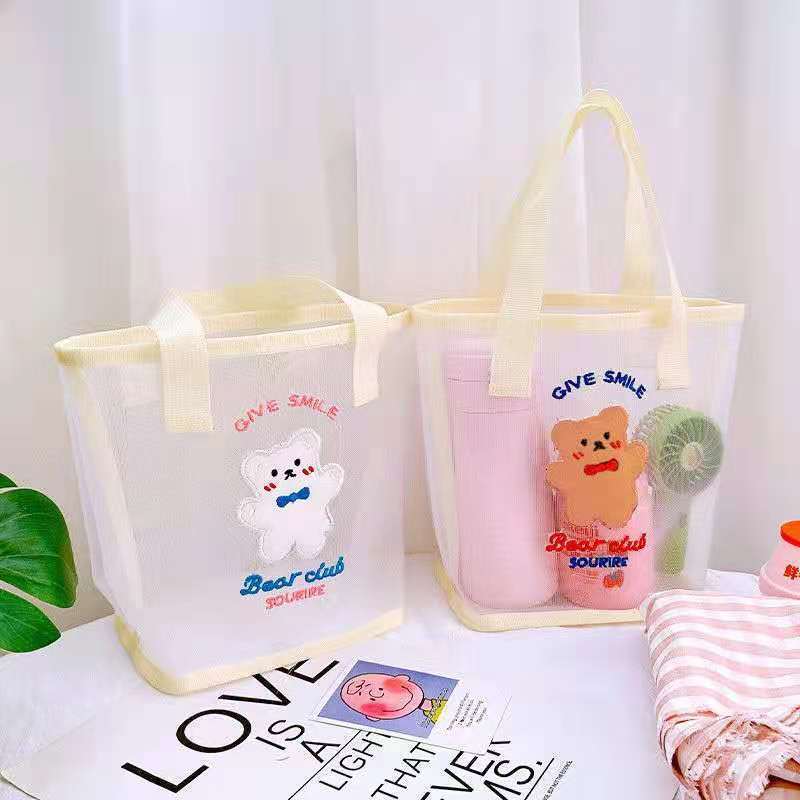 Cute Bear Embroidered Transparent Mesh Tote Bag for Daily Use and Beach Outings