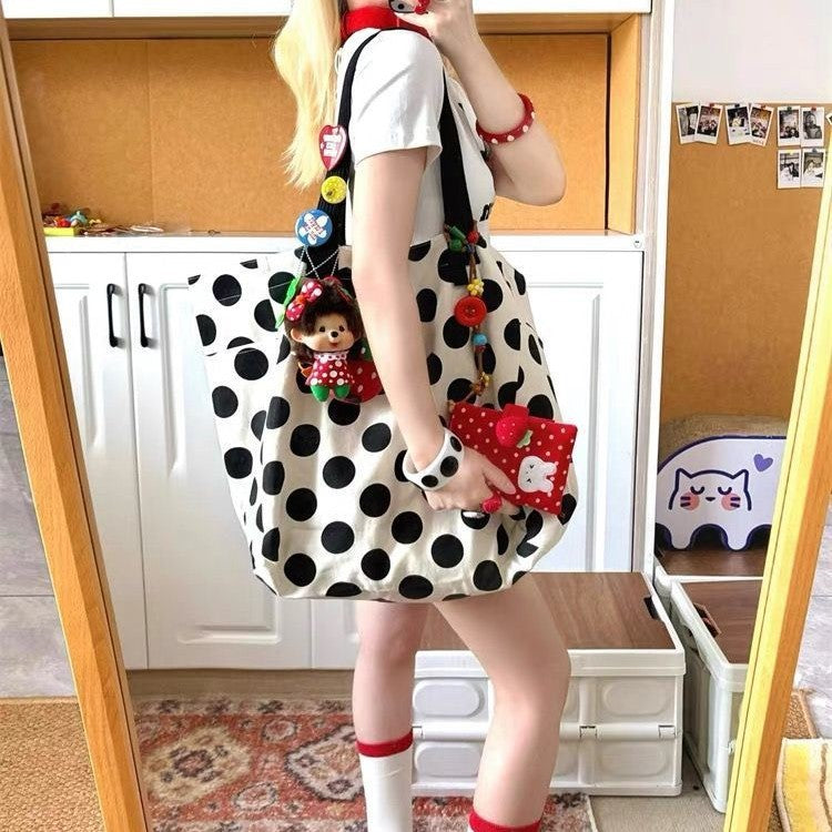 Shoulder Bag Female Korean Simple Polka Dot Idle Style Student Class Commuting Large Capacity Totes Double-Sided Canvas Bag