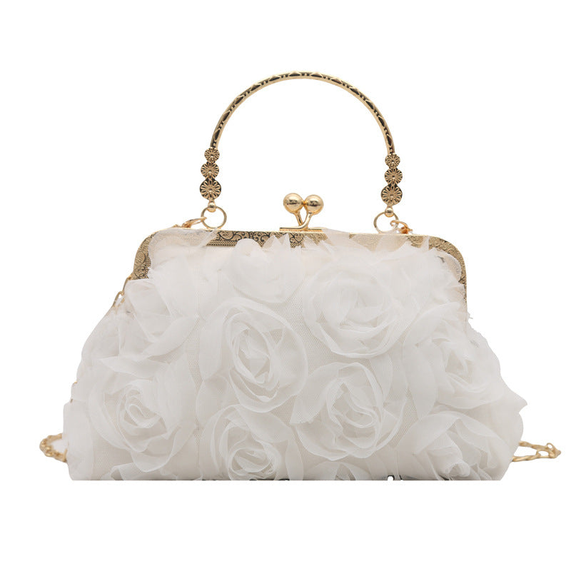 Chiffon Three-Dimensional Flower Dinner Bag Champagne Women's Handmade Dress Garment Bag Chain Decoration Handbag