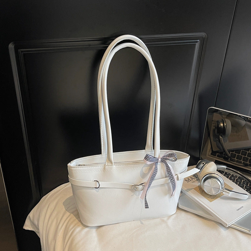 2025 Autumn New Korean Style Elegant Tote Bag with Checkered Bow, Simple Casual Shoulder Bag for Daily Commute