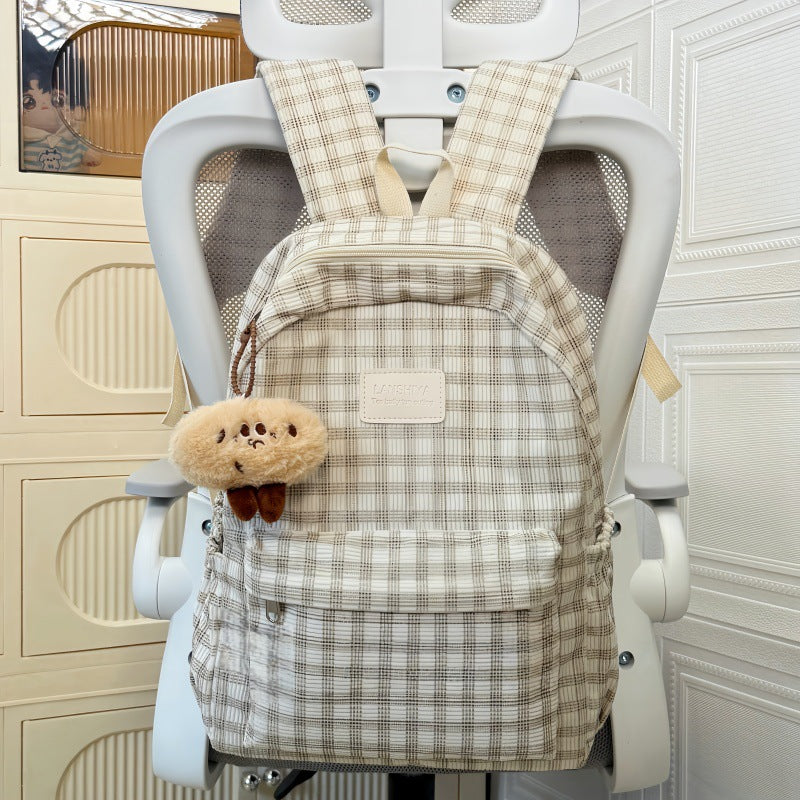 Retro Plaid Corduroy Backpack with Breathable Design for Students, Lightweight and Stylish School Bag with Adjustable Padded Straps