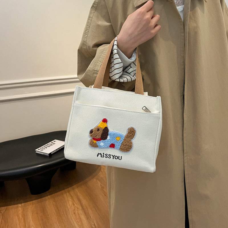 Cute Embroidered Dachshund Canvas Tote Bag for Women, Simple Daily Use Handbag with Phone Pocket and Zipper Closure