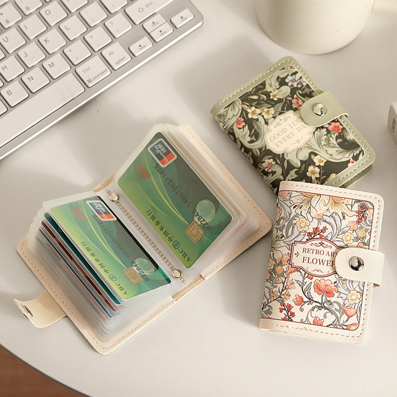 New Flower Oil Painting Card Holder Female Retro Style Multiple Card Slots Bank Card Package Document Package Female Large Capacity Card Holder