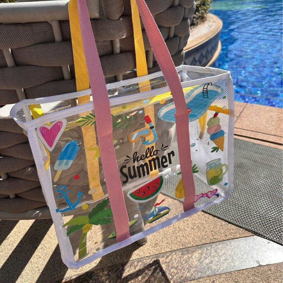 Transparent Waterproof Beach Bag with Summer Print, Large Capacity for Swimwear and Toiletries, Perfect for Pool and Travel