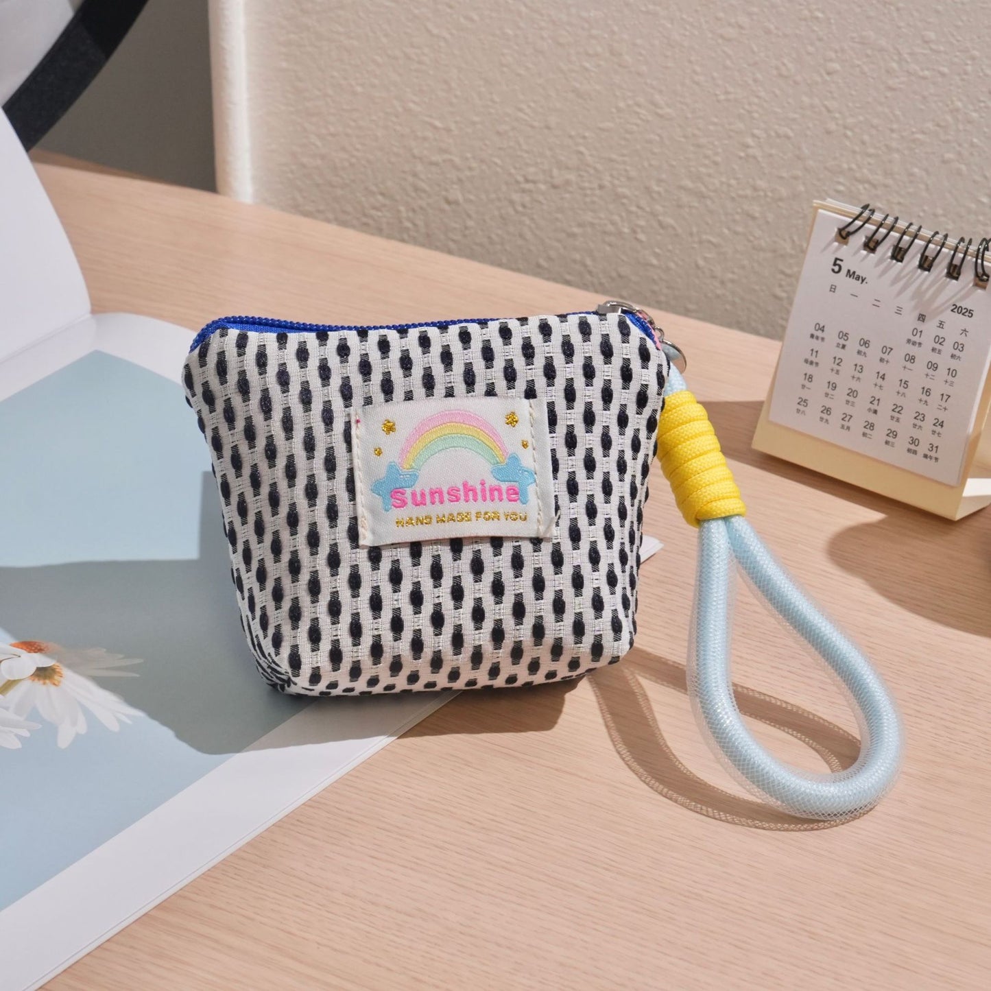 Cute Mini Wallet with Rainbow Patch and Wrist Strap, Lightweight Breathable Canvas Pouch for Daily Essentials