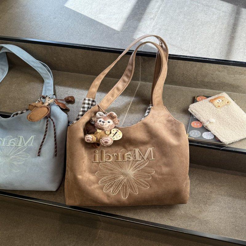 Korean Style Retro Embroidered Tote Bag for Women, Large Capacity Casual Shoulder Crossbody Bag with Floral Design and Cute Keychain