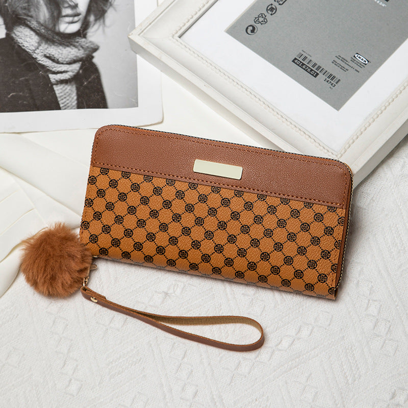 Stylish Long Zipper Wallet with Pom-Pom Charm and Multiple Card Slots for Women