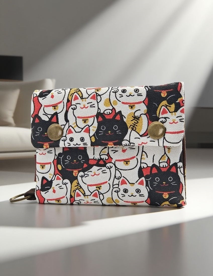 Creative Cartoon Printing Tri-Fold Denim Canvas Wallet Simple Canvas Card Holder Key Case for Both Men and Women