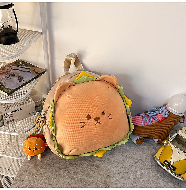 Cute Burger Cat Backpack for Kids and Teens - Stylish Dual Shoulder Bag with Soft Plush Design and Comfortable Back Support