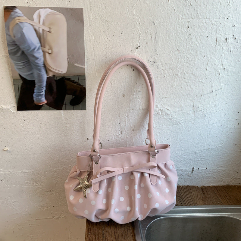 Korean Style Large Capacity Pleated Tote Bag with Polka Dot Print for Women, Casual Shoulder Bag for Daily Use