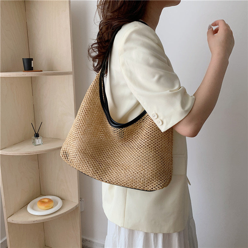 Retro Large Capacity Straw Woven Bag Women's New Vintage Weave Beach Underarm Bag Leisure Commuter Bag