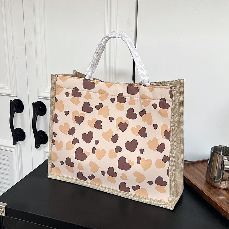Linen Magnetic Snap Large Capacity Bag Female New Simple Fashion Peach Heart Portable Commuter Large Tote Bag