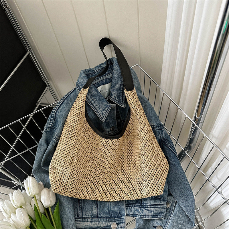 Korean Vintage Weave Tote Bag Women's Straw Large Capacity Underarm Shoulder Beach Bag