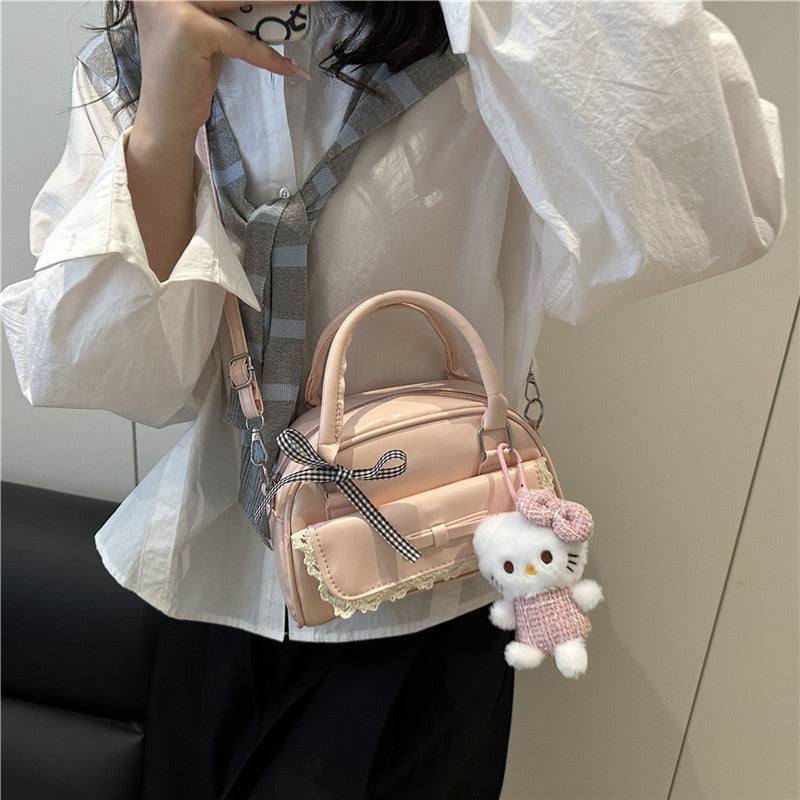 2025 Trendy Minimalist Bow Handbag for Women, Fashionable Crossbody Bag with Cute Plush Charm, Elegant Bowling Shape Design