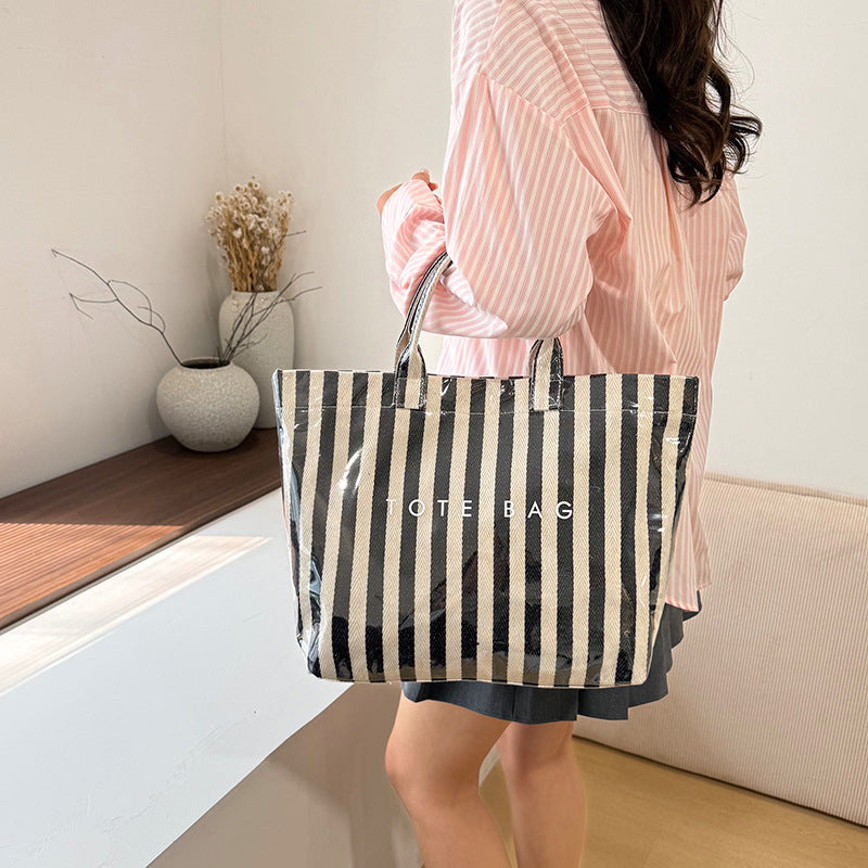 Popular Striped Hand-Carrying Tote Bag Female New Fashion Temperament Transparent Female Personality Large Capacity Trendy Bag
