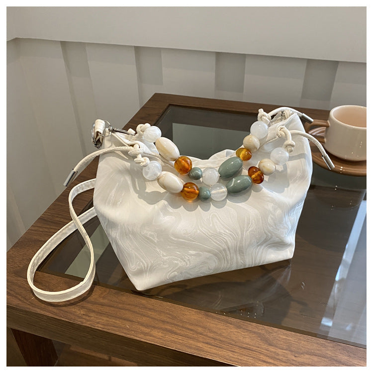 Elegant Marbled PU Bucket Bag with Beaded Handle, Minimalist Crossbody Design for Daily Wear