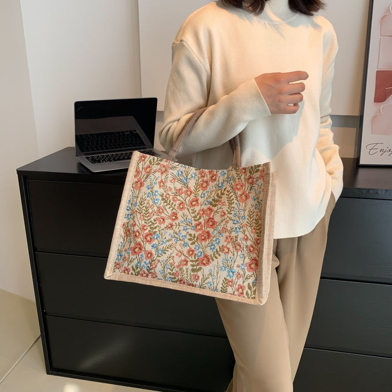 Chic Floral Tote Bag for Women - Soft Cotton Linen Material, Vintage Style with Magnetic Closure and Inner Zip Pocket