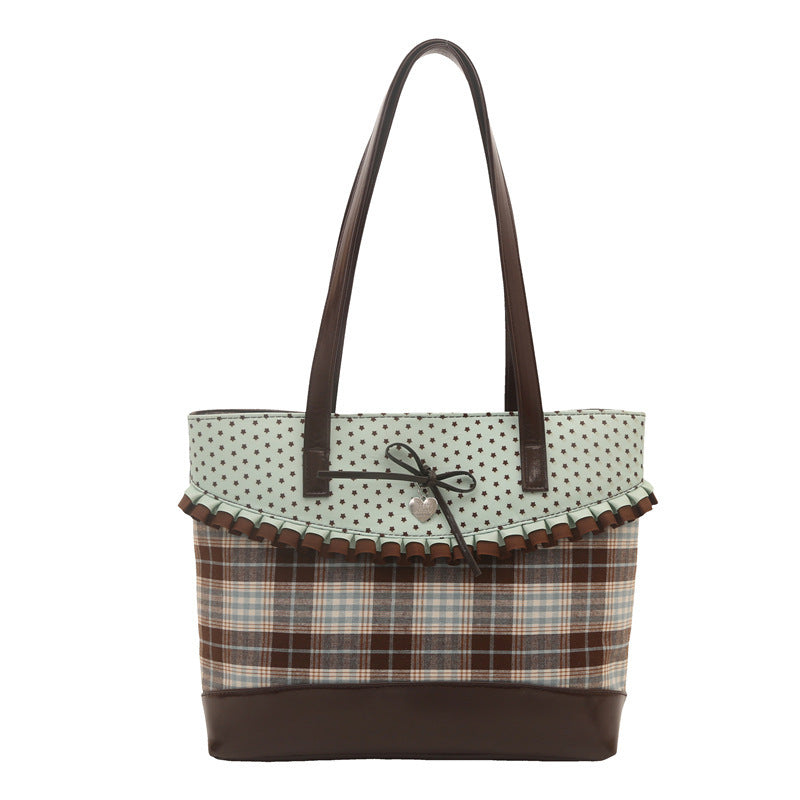 Retro Polka Dot Bow Plaid Tote Bag for Women, Large Capacity Fashionable Shoulder Bag with Elegant Ruffle Design