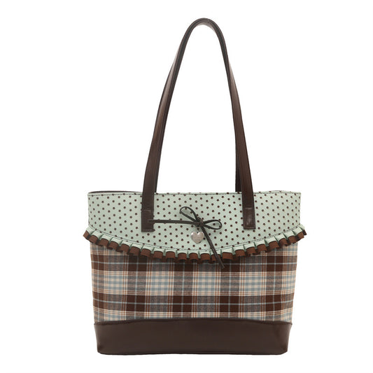 Retro Polka Dot Bow Plaid Tote Bag for Women, Large Capacity Fashionable Shoulder Bag with Elegant Ruffle Design