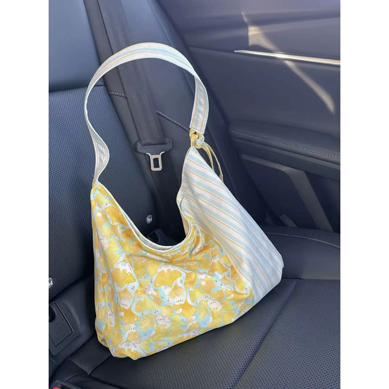Cute Cat Print Canvas Tote Bag Striped Stitching Large Capacity Commuter Shoulder Bag Everyday Joker