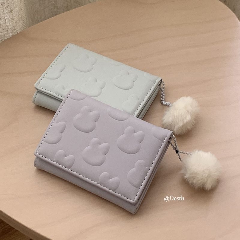 Bunny Cute One-Piece Small Card Holder Wallet Women's Short Embossed Fluffy Balls Hanging Coin Purse