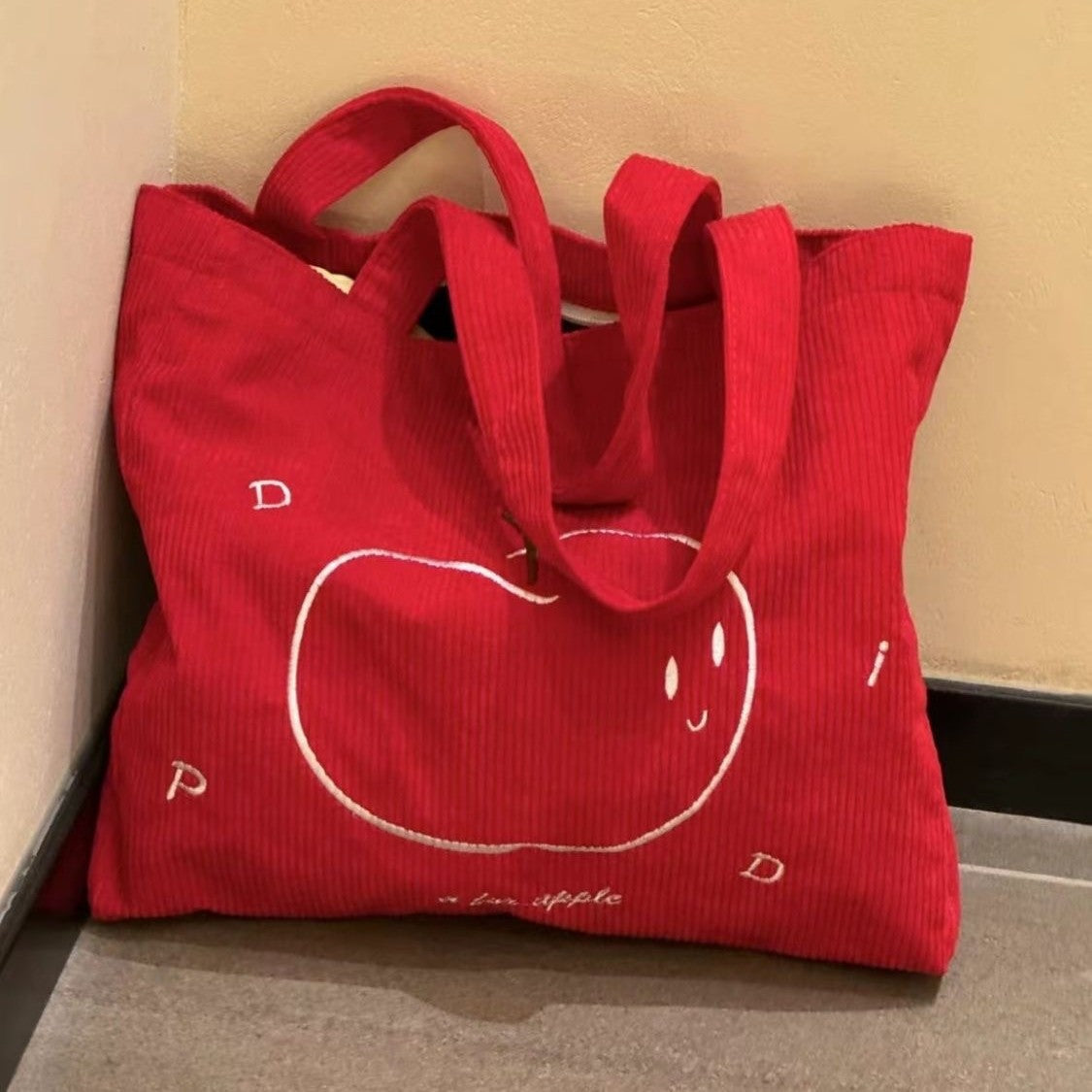 New Corduroy Apple Embroidered Tote Bag Large Capacity Commute Leisure Travel Shoulder Bag