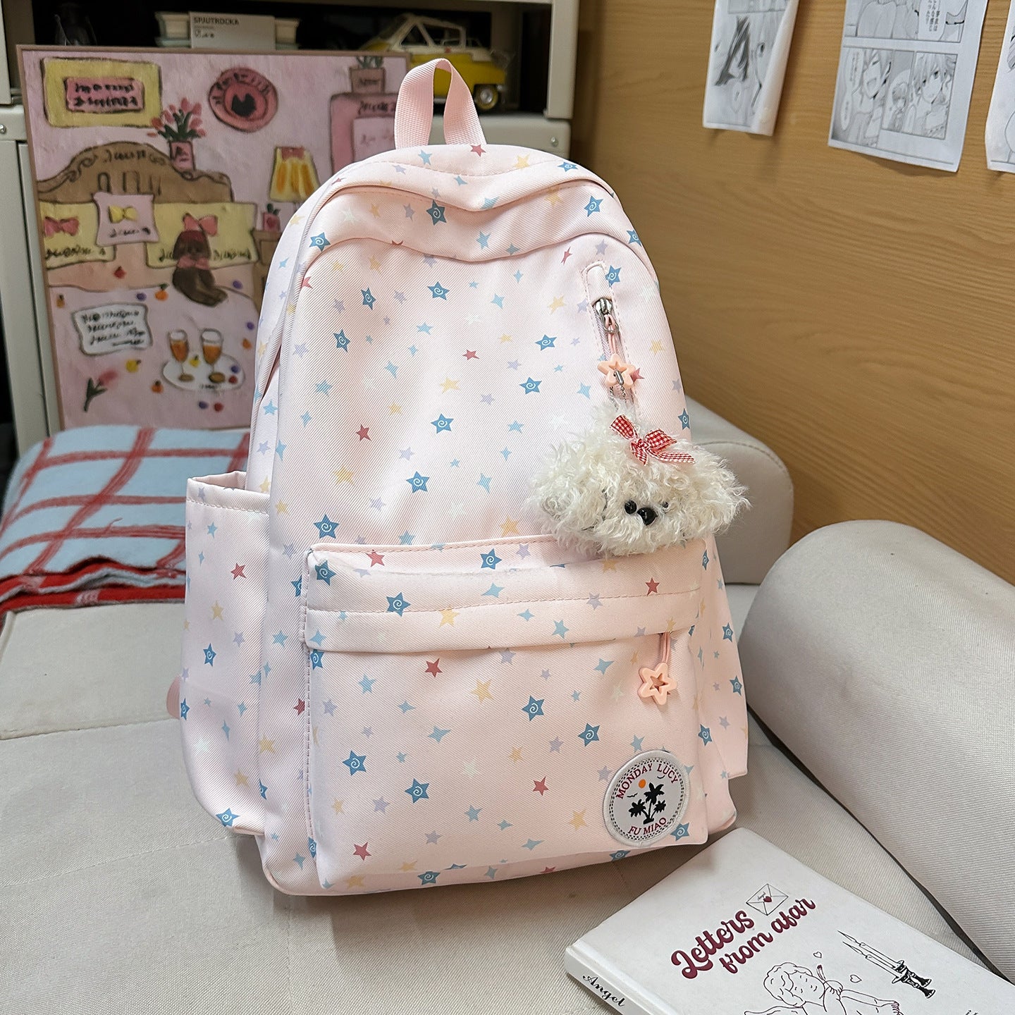 Cute Pastel Star Print Backpack for Girls, Soft Nylon School Bag with Front Pocket and Charm Design, Perfect for Elementary Students