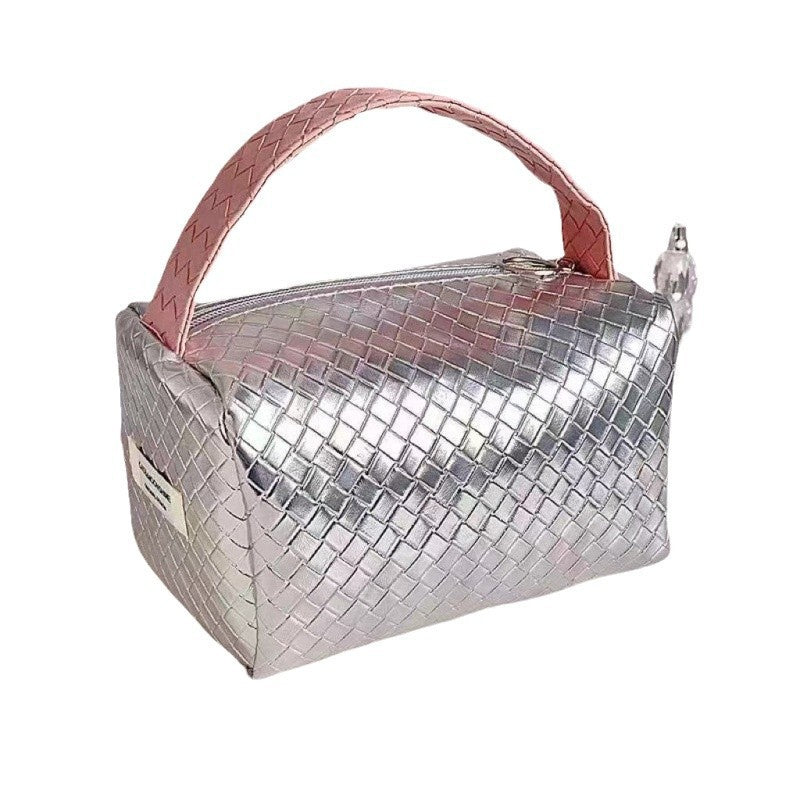 2023 New Weaved Texture Handheld Cosmetic Bag with Silver Accents, Portable Makeup Organizer for Daily Use