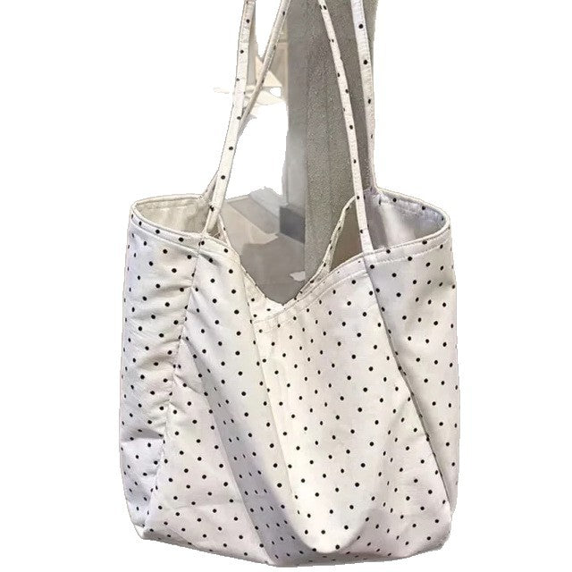 Chic Polka Dot Canvas Tote Bag for Women, Large Capacity Casual Shoulder Bag with Fashionable Design, Perfect for Daily Use and School